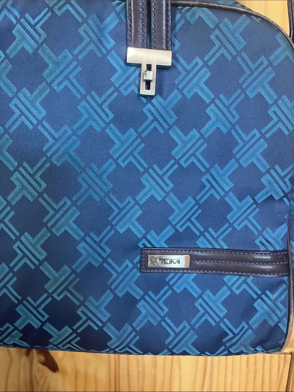 Tumi Navy Blue Patterned Laptop Bag with Dark Brown Trim
